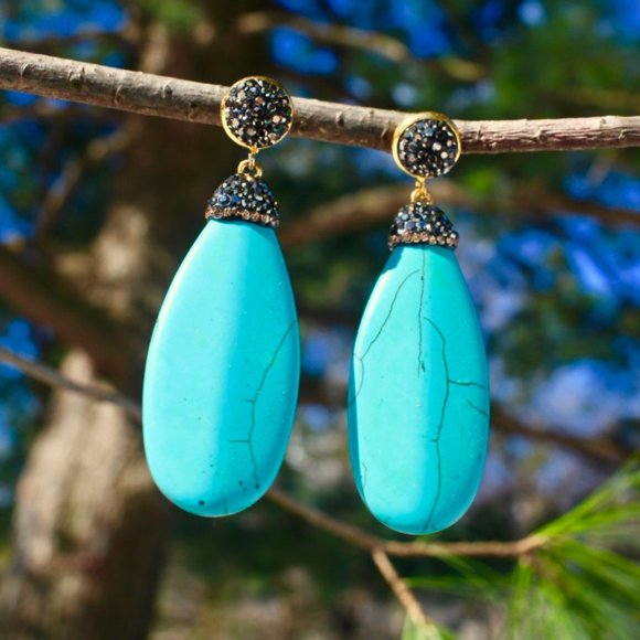 NEW Large Turquoise Teardrop Statement Earrings Western Tribal Indian Aztec Boho